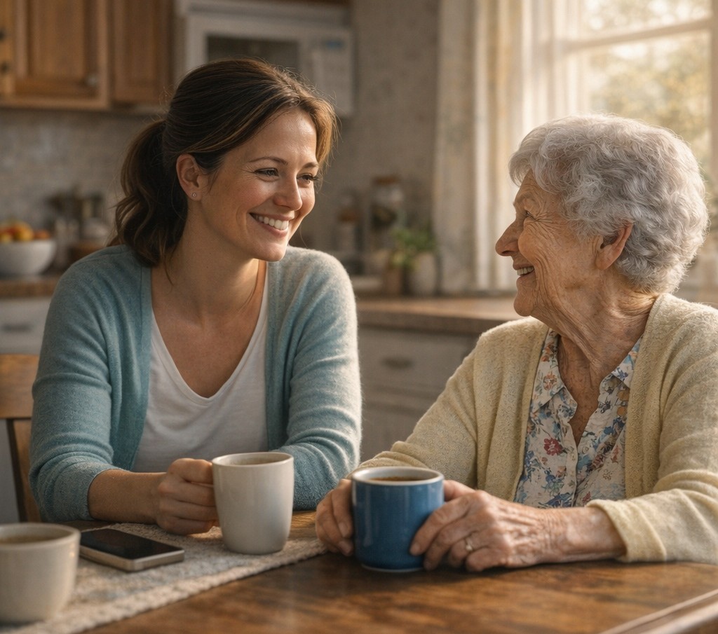 Companion and senior enjoying a warm conversation over coffee
