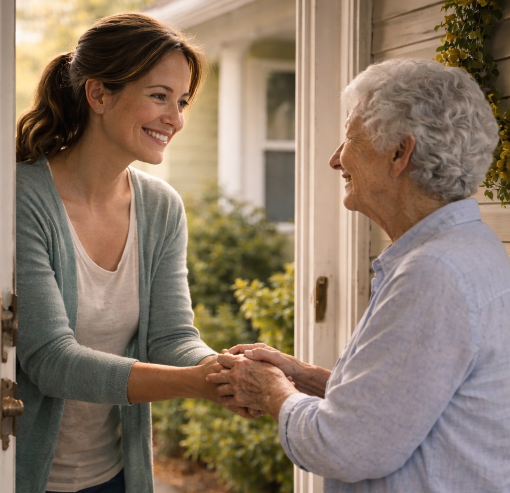 Companion arriving for a senior home visit