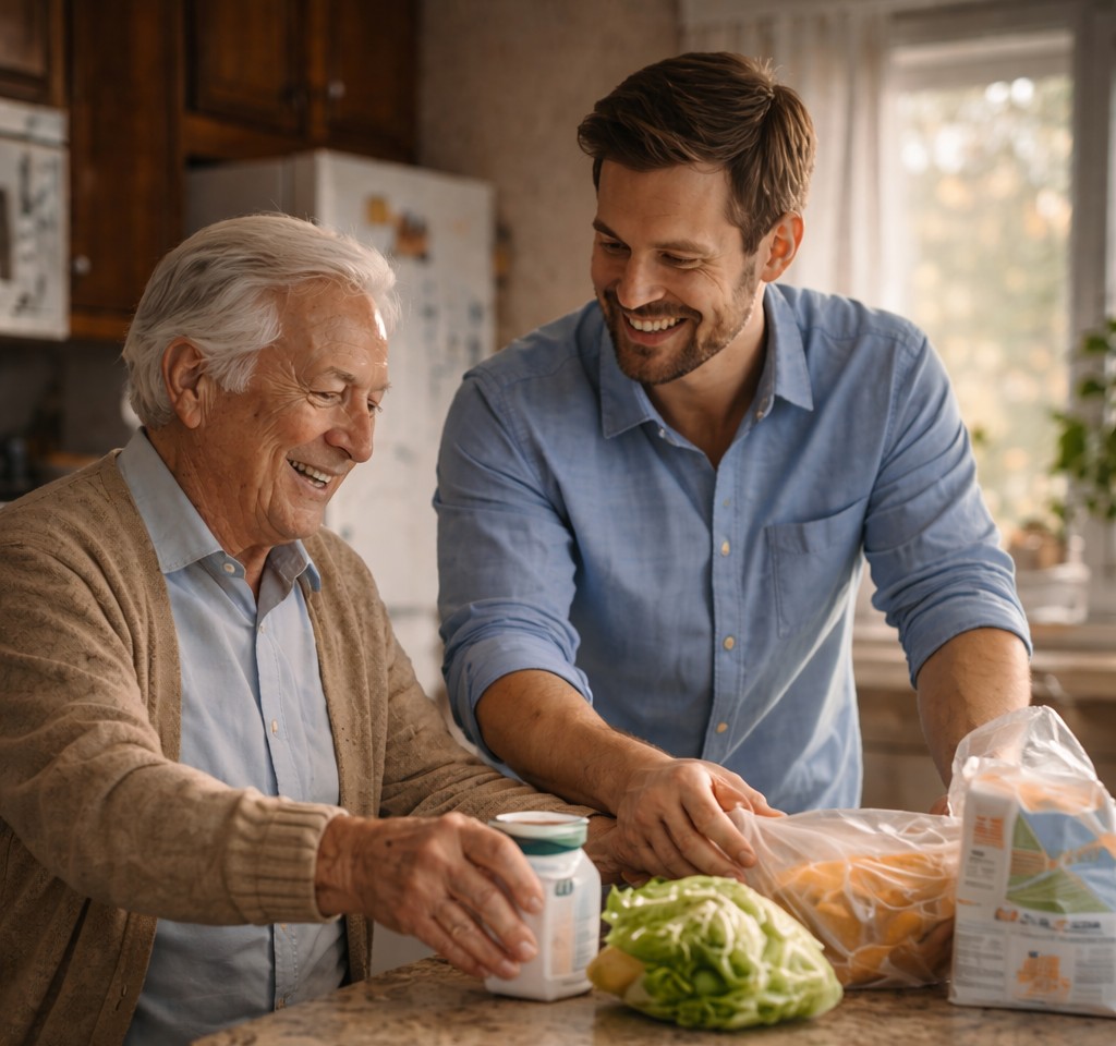 Companion helping a senior with groceries in the kitchen