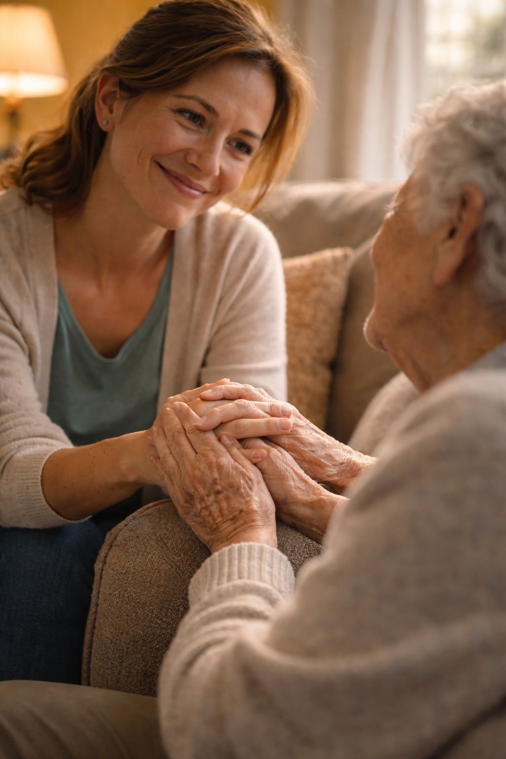Companion holding hands with a senior during a home visit
